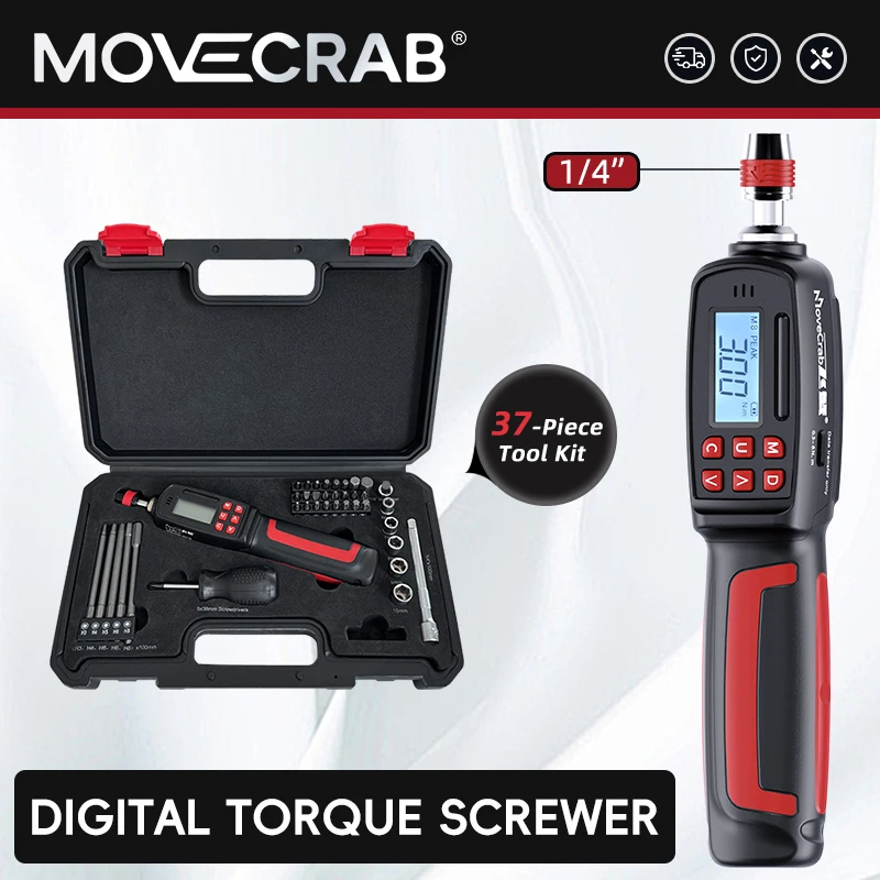 

MoveCrab Digital Torque Screwdriver Kit 0.2-10Nm High Accuracy1/4" Drive with 37PCS Bits & Sockets Set for Precision Mechanics