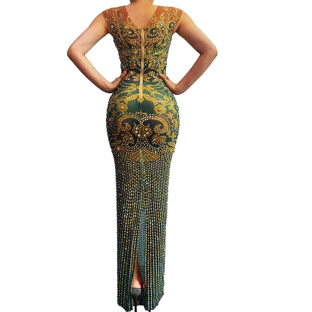 Vestido largo Sexy para mujer, lentejuelas con diamantes de imitación de cristal para fiesta de noche, trajes de Club de cumpleaños, disfraz de graduación, Reina 2026