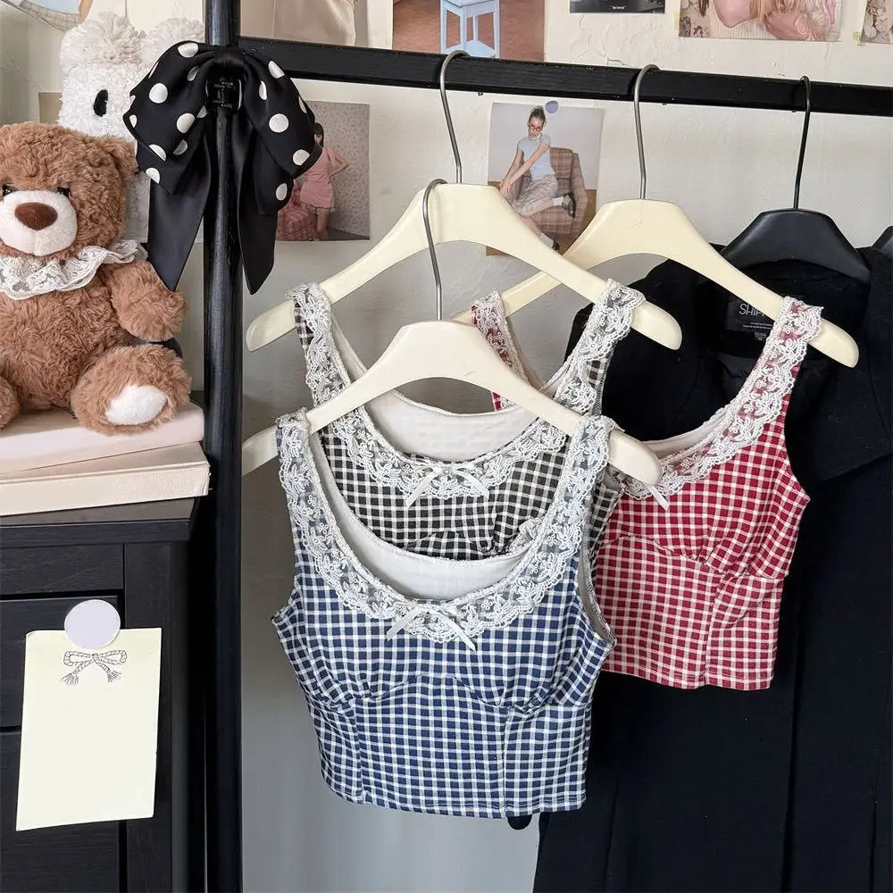 패션 스트라이프 그리드 Y2K 슬림 크롭탑 민소매 U넥 레이스 베스트 탑 소녀 스위트 이너웨어 레이스 리본 캐미솔 여성용