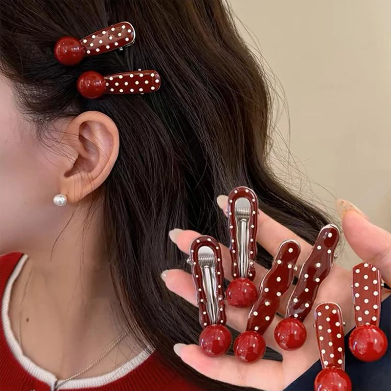 Dark Red Polka Dot Alloy Hairpin Cute Point Sweet Girls Women Duck Bill Clip Bangs Clip New Fashion Headwear Hair Accessories