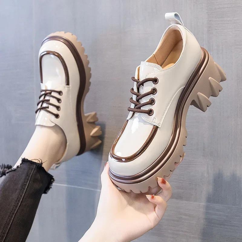 Fashionable Thick Soled High Rise Loafers with Thick Heels Shoes for Women 2024 Autumn Winter New Lace-up Women\'s Boot