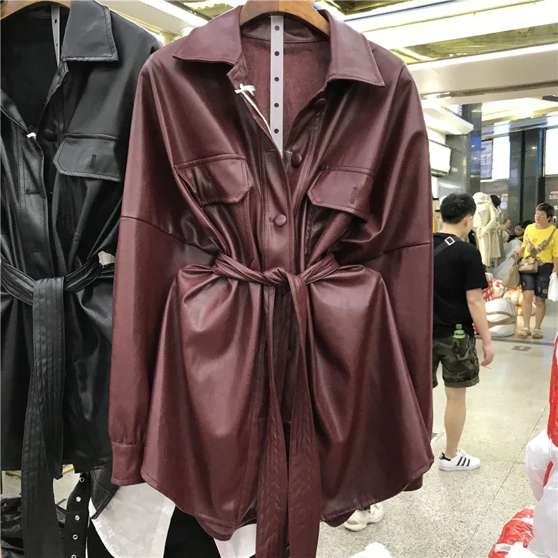 2025 Spring Autumn Lapel Long Sleeve Wine Red Pu Leather Belt Loose Casual Jacket Women Coat Streetwear Fashion Casual