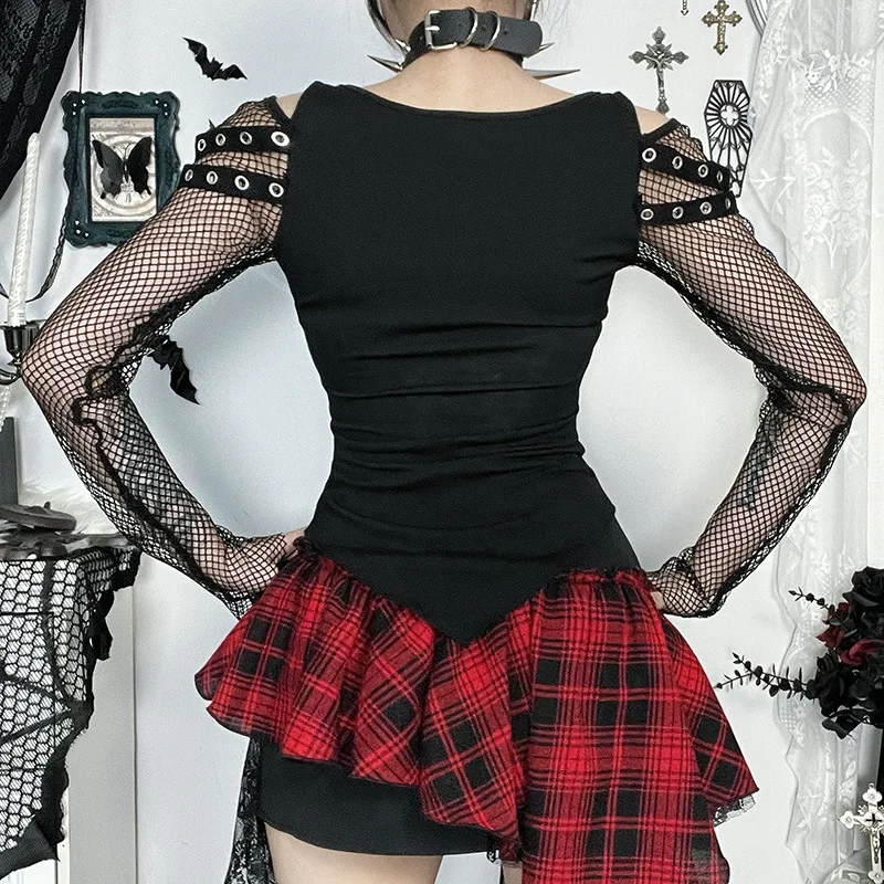 American Mall gothique résille point à manches longues T-shirt femmes Alt Techwear Punk Grunge maïs imprimé T-shirts Chic haut