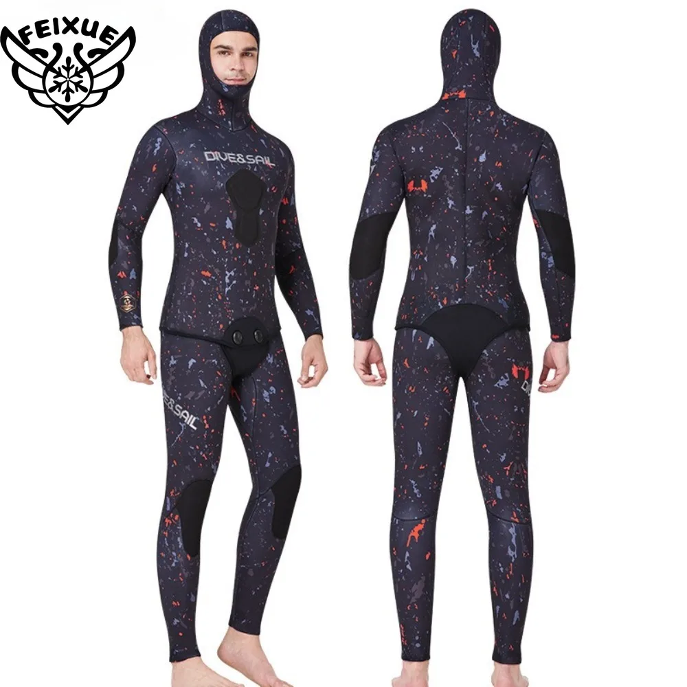 Spearfishing Wetsuits Men 3MM 5MM 7MM Neoprene CR 2-Pieces Hooded Long Sleeve Scuba Diving Full Body Keep Warm Snorkeling Suits