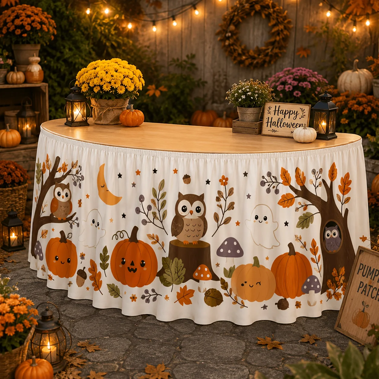Cute autumn Halloween table skirt with cartoon prints, forest harvest Halloween party decorationxzj