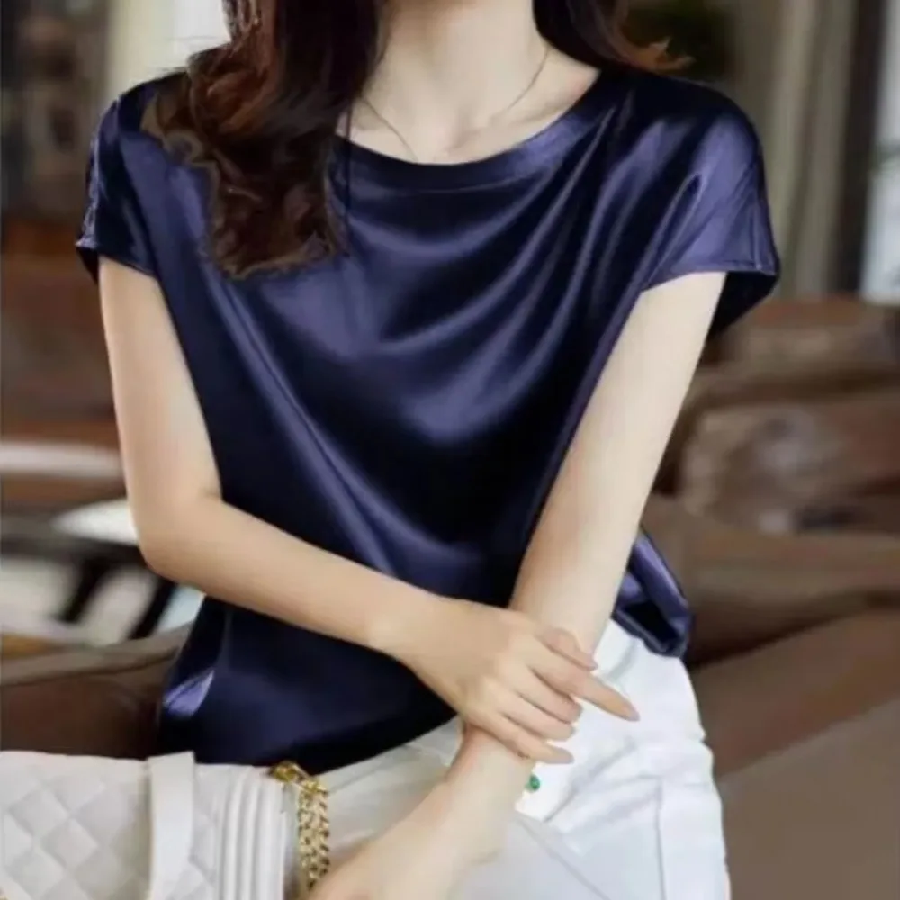 Faux Silk Thin Short Sleeve Top Korean Slip Woman T-shirt Summer Clothes Elegant Black Brown Tee Shirt Solid Loose Casual 4XL