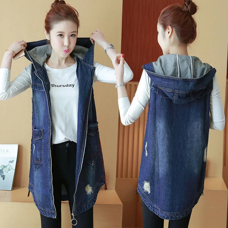 2024 New Top quality Spring Autumn Women vest  denim Female jacket Fashion long Sleeveless Waistcoat sherpa vest