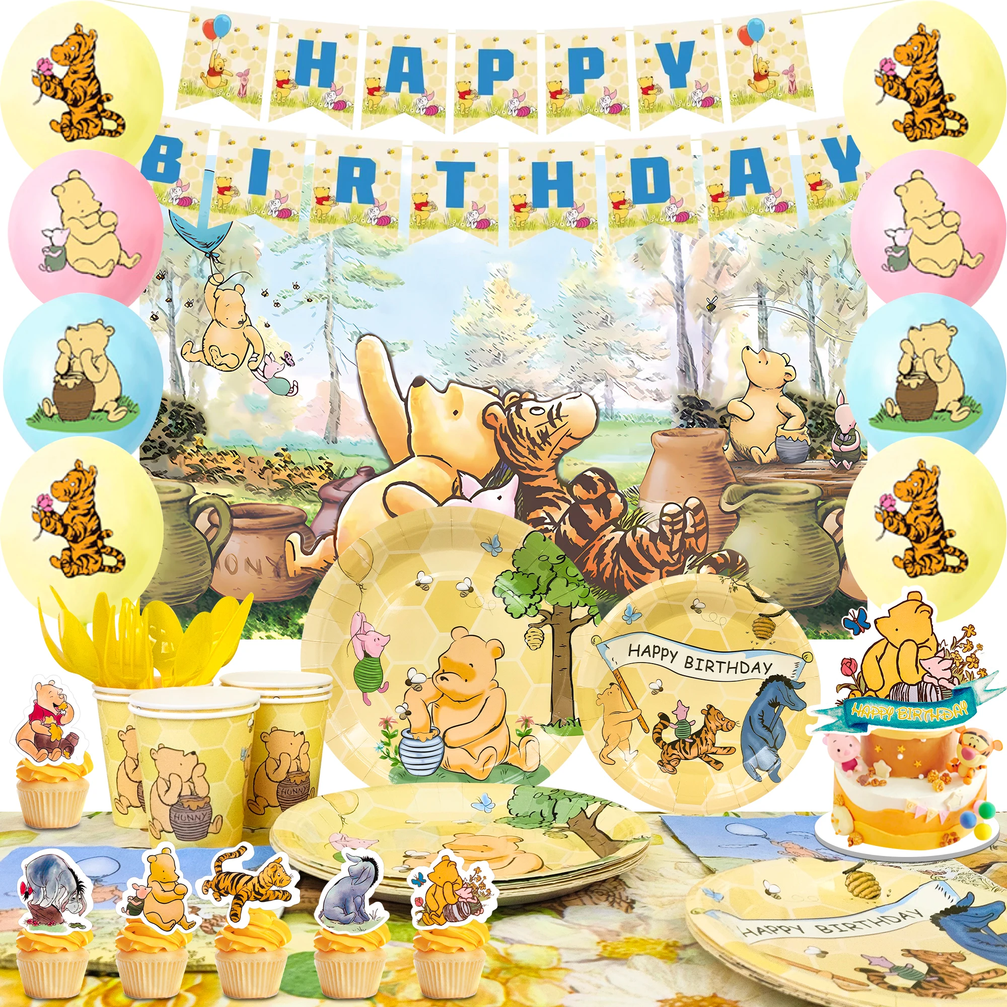 

Vintage Winnie Party Decorations,112 pcs Vintage Winnie the Pooh Decorations Tableware Plates Tablecloth Balloon etc