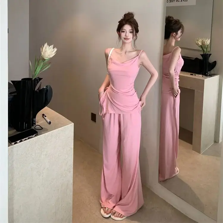 Pink Slim Fit Strapless Camisole Women's 2 pcs set Summer Wide Leg Casual Pants Two-Piece Set