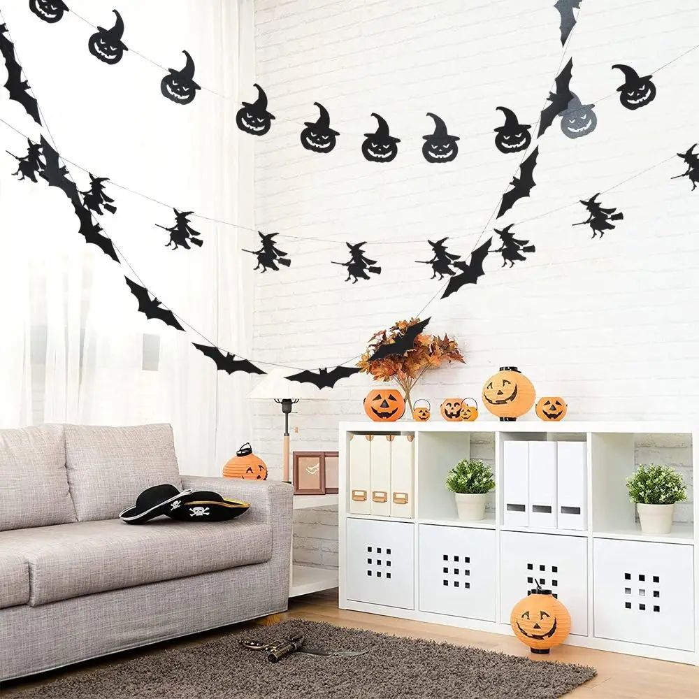 3M Black Pumpkin Banner Hanging Flags Pumpkin Bat Hallween Hanging Garland Witch/Skull Hanging Haunted House