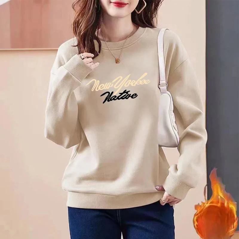 Women\'s Clothing Spring Autumn Crew Neck Flocking Lantern Long Sleeve Hoodies Letter Printing Fashionable Flattering Casual Tops