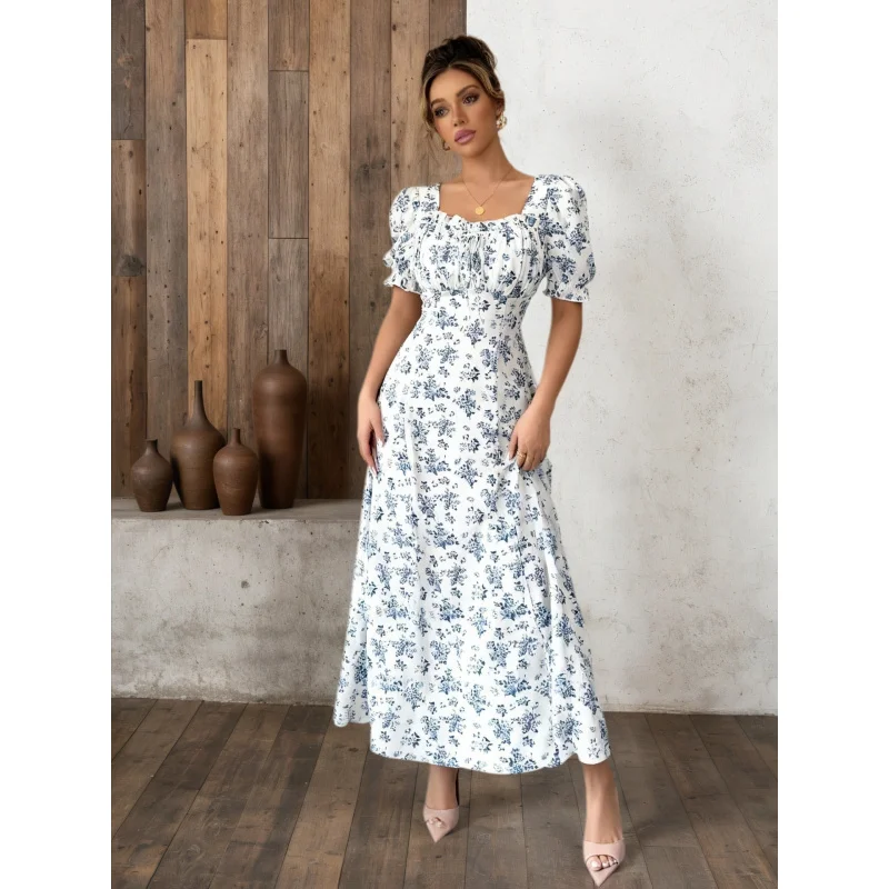 

2026 Summer Floral Print Dress Square Neck Short Sleeve Elegant Casual Sundress All-match Outfit For Daily Holiday Travel