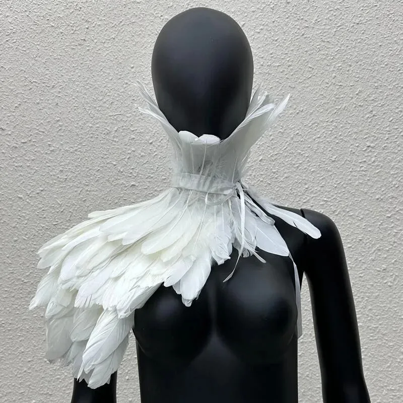 Capa de plumas blancas, chal, disfraz, cuello de bruja negra, cuello de cuervo para adultos, alas de cisne, accesorios para fiesta Rave