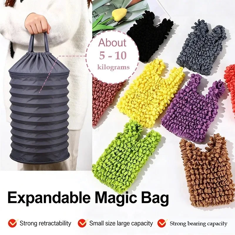 Magic Stretch Bubble Shopping Bag Chiffon Wrinkle Handbag Large Capacity Shape Memory Portable Pouch Multicolor for Storage