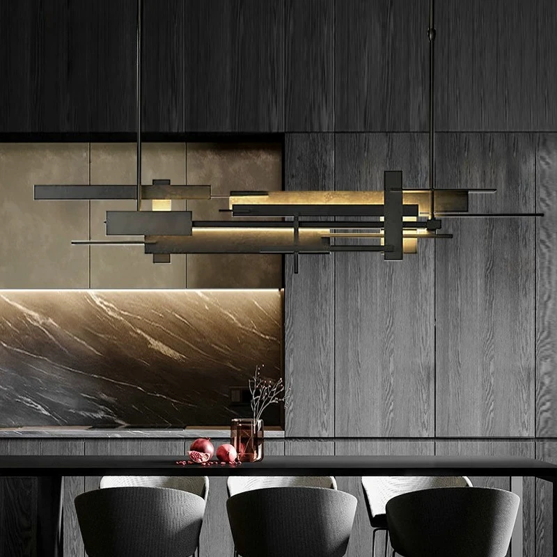 Postmodern Stacked Linear LED Chandelier Black Gold Geometric Pendant Light for Dining Room Kitchen Island Bar  Designer Minima