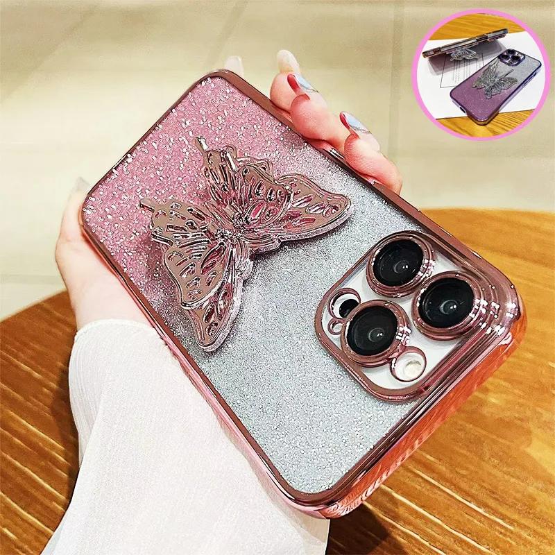 Glitter Plating Butterfly Holder Phone Case For Funda Oppo A60 A78 A58 A97 A16 A57 A79 A98 A96 A77 A91 A54 A74 A94 Bracket Cover