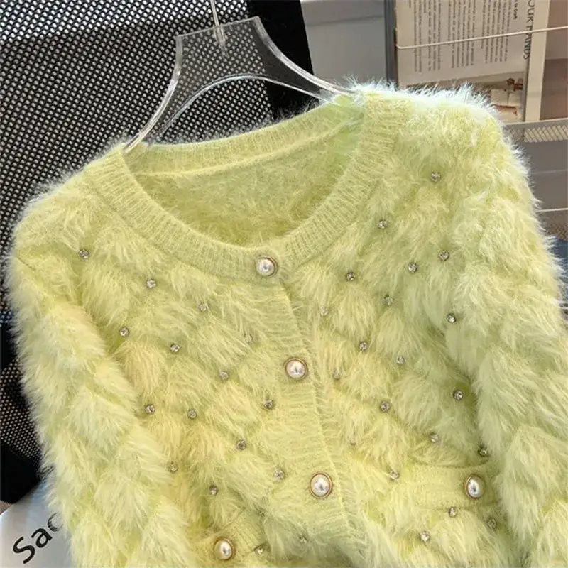 New Fashion Bead Imitation Mink Sweater Women Knitted Cardigan Autumn Winter Long Sleeve Short Loose knitwear Female Tops - Image 5