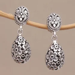 Retro Silver Color Bohemian Earrings Drop-shaped Carved Flowers Dangle Earrings Women Party Wear Jewelry Every Day