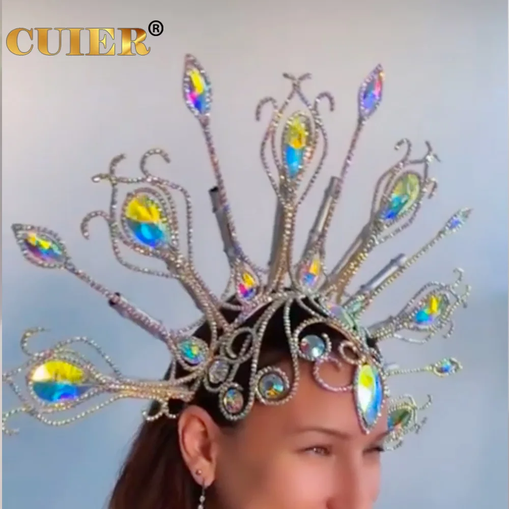 CUIER Huge Size Peacock Rhinestone Headpiece Hair Jewelry for Women Crystal Hat Accessories for Fashion Show