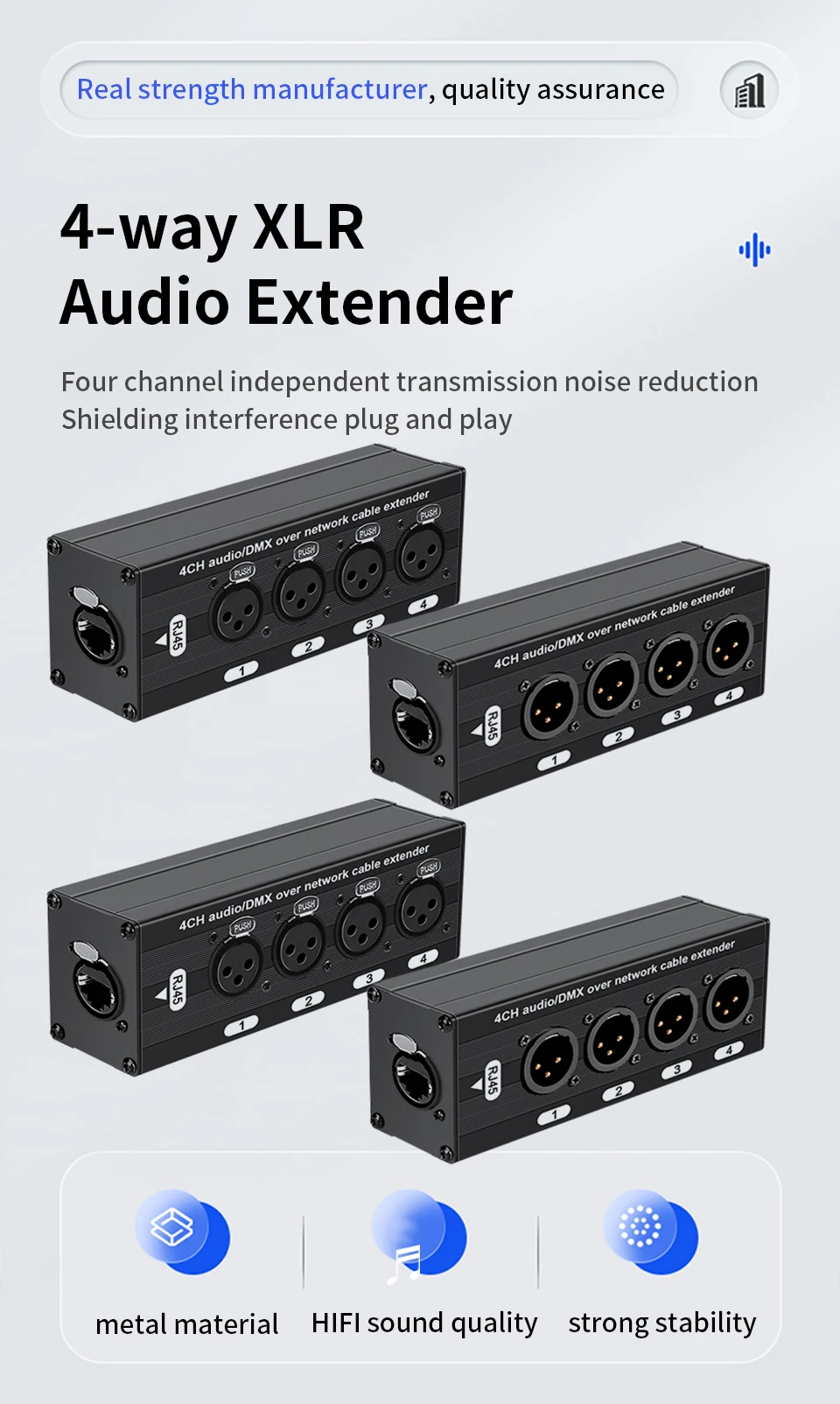 TITAK 4-Kanal 3-Pin XLR oder 6,3-mm-Audio- und DMX-Netzwerkkabel-Extender, XLR-Audio-Netzwerk-Extender Stecker + Buchse – Detail 1