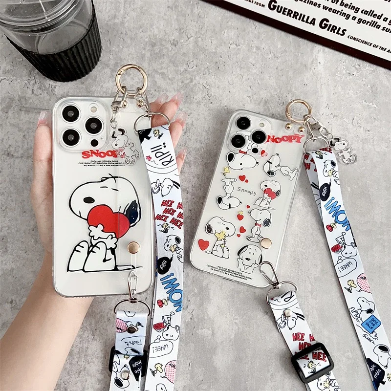 Cartoon Funny Cute Snoopy Peanut Crossbody Straps Wrist Strap Stand Phone Case For iPhone 11 12 13 14 15 Pro Max Soft TPU Cover