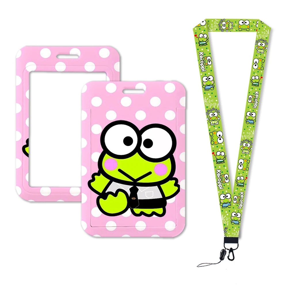 W tempat kartu kredit Lanyard Keroppi tempat lencana ID anak-anak tempat kartu identifikasi wanita tali leher grosir khusus