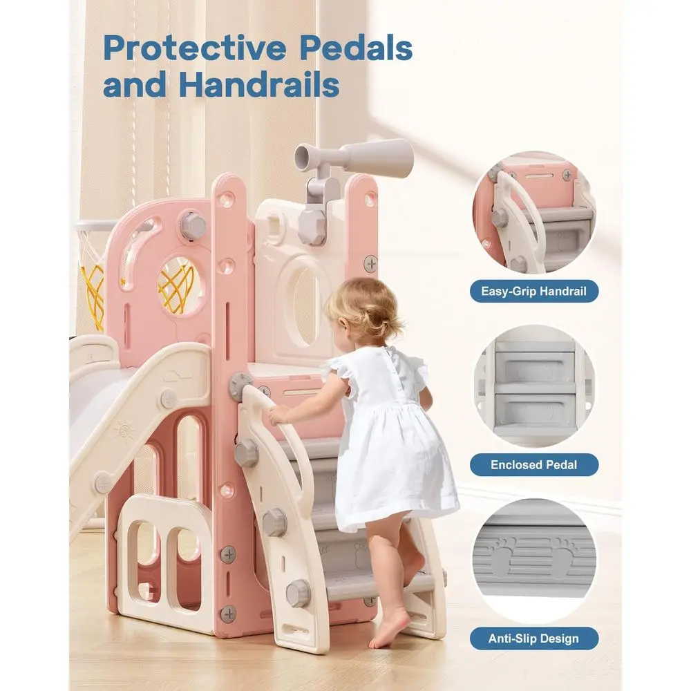 6-in-1-Rutsche für den Innenbereich für Kleinkinder von 1–3, Kletterer-Spielset, Rutsche mit Basketballkorb und Teleskop, Outdoor-Spielplatz für Kleinkinder (Rosa)