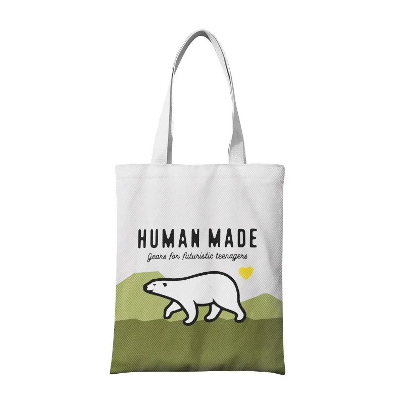 

2025 HUMAN MADE Unisex Canvas Crossbody Bag, Polar Bear Cartoon Tote Bag, Large Capacity with Inner Pocket Zip Closure for