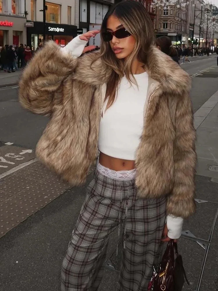 Trendix المرأة الشتاء فو الفراء معطف موضة التلبيب المرقعة سحاب أكمام طويلة سترة معاطف الشارع ملابس خارجية فضفاضة دافئة غير رسمية