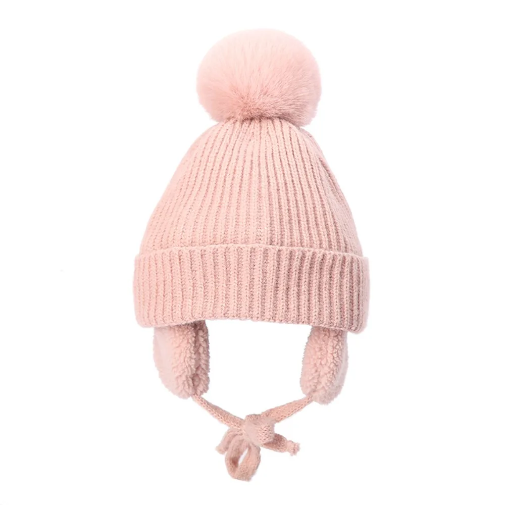 

All-match Children Knitted Hat Cartoon Ear Protection Pompom Beanie with Earflap Cute Warm Wool Cap Cloth Accessories