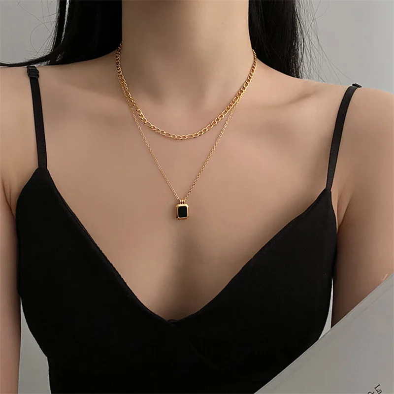 Double Layer Chain Square Black Zircon Pendant Necklaces for Women Simplicity Snake Bone Chain Fine Necklace Jewelry Gifts