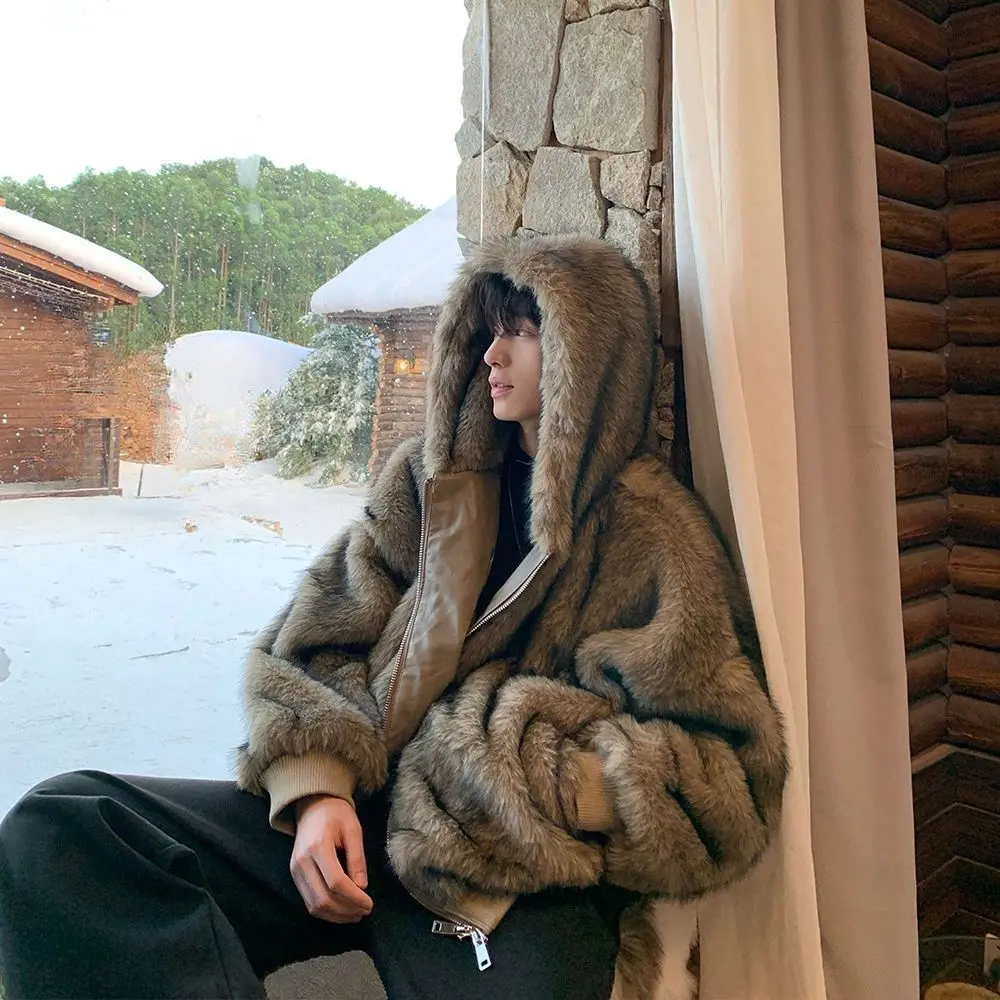 High Quality 2026 Winter Autumn And Winter Men's New Fox Imitation Leather Fur Coat Fur Fashion Thickened Warm Coat Hooded Coat