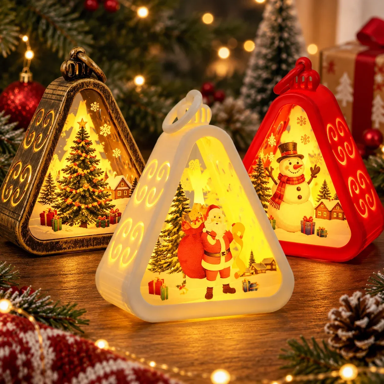 Christmas LED Tabletop Lantern Battery Operated Warm Light Santa Snowman Tree Ornament Vintage Xmas Mantel Window Decor Gift