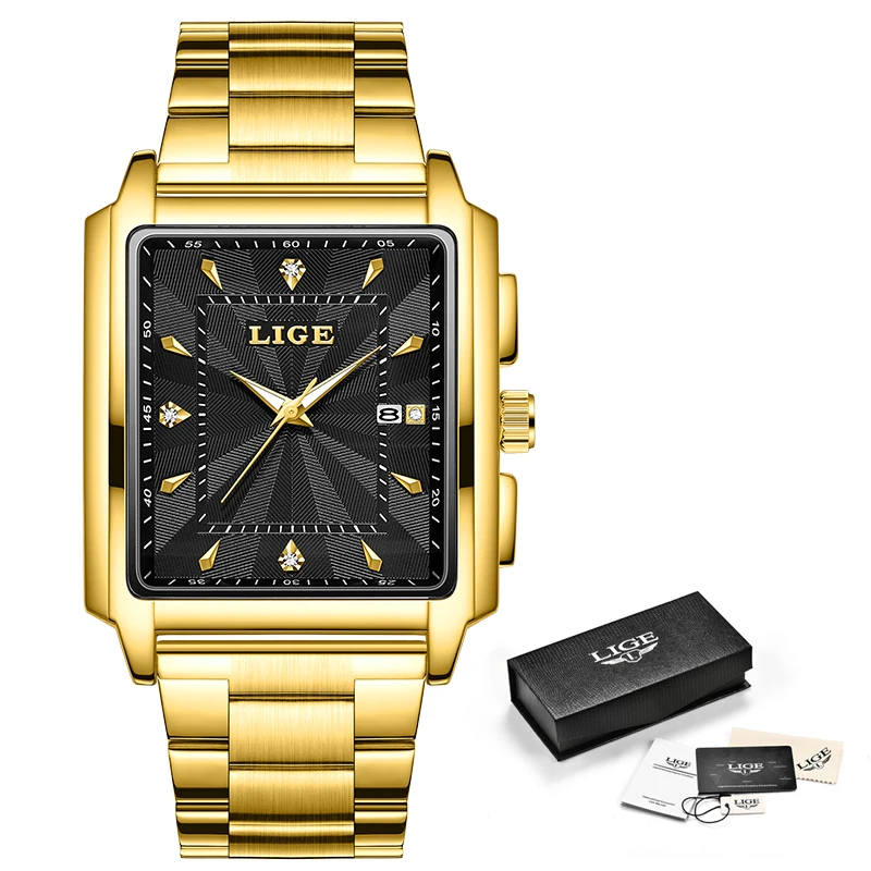 2024LIGE Top Brand Luxury Watches for Men Fashion Quartz Wristwatch Square Gold Stainless Steel Business Clock Relogio Masculino