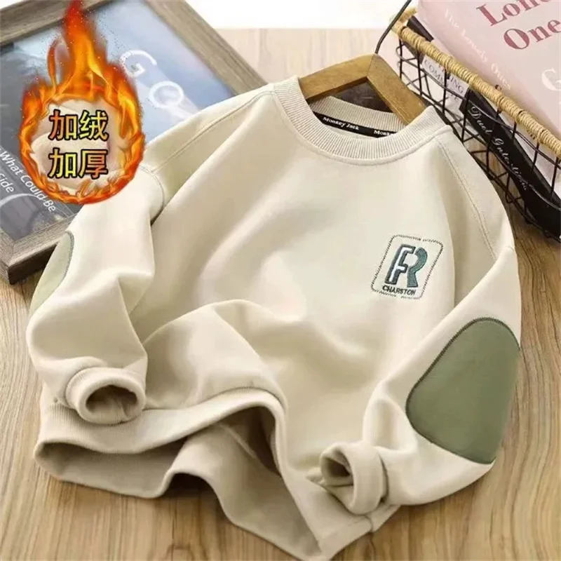 Winter Boys Fleece Sweatshirt Children's Thickened Jumper Autumn Warm Long-Sleeved Top Kids Round Neck Casual Loose Pullover