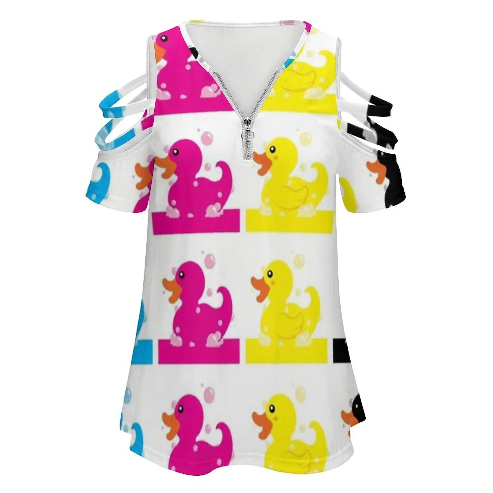 Cmyk New Fashion Zip Off Shoulder Top Short-Sleeve Women Shirt Cmyk Cyan Magenta Yellow Black Color Printing Duck Rubber Swim