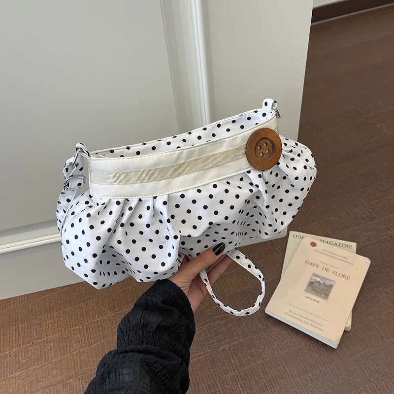 Cute Polka Dot Button Women's Nylon Shoulder Bags Vintage Pleated Design Ladies Crossbody Bag Lightweight Portable Girls Handbag