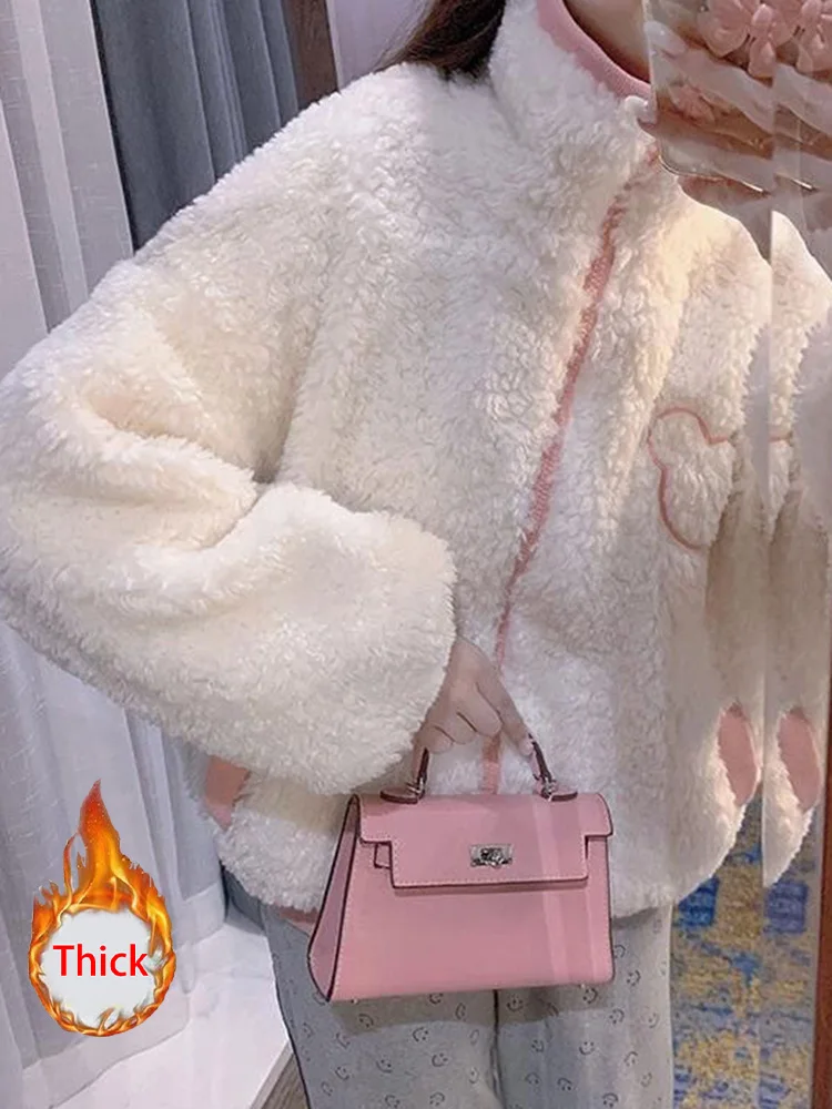 

Korean Chic Faux Lamb Coat Women Sweet Preppy Style Winter Warm Jacket Fashion Stand Collar Long Sleeve Loose Kawaii Outwear Top