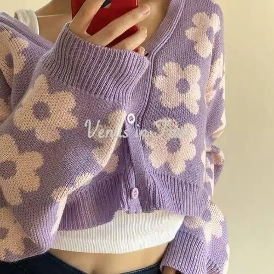 2024 New Retro Girls Cute Loose Thin Purple Flowers Short Section V-neck Knitted Cardigan Sweater Jacket