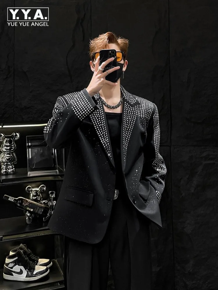 

High Quality Mens Shiny Diamond Black Suit Jacket Youthful Style Stage Performance Blazers Single Breasted Outerwear Male Coat