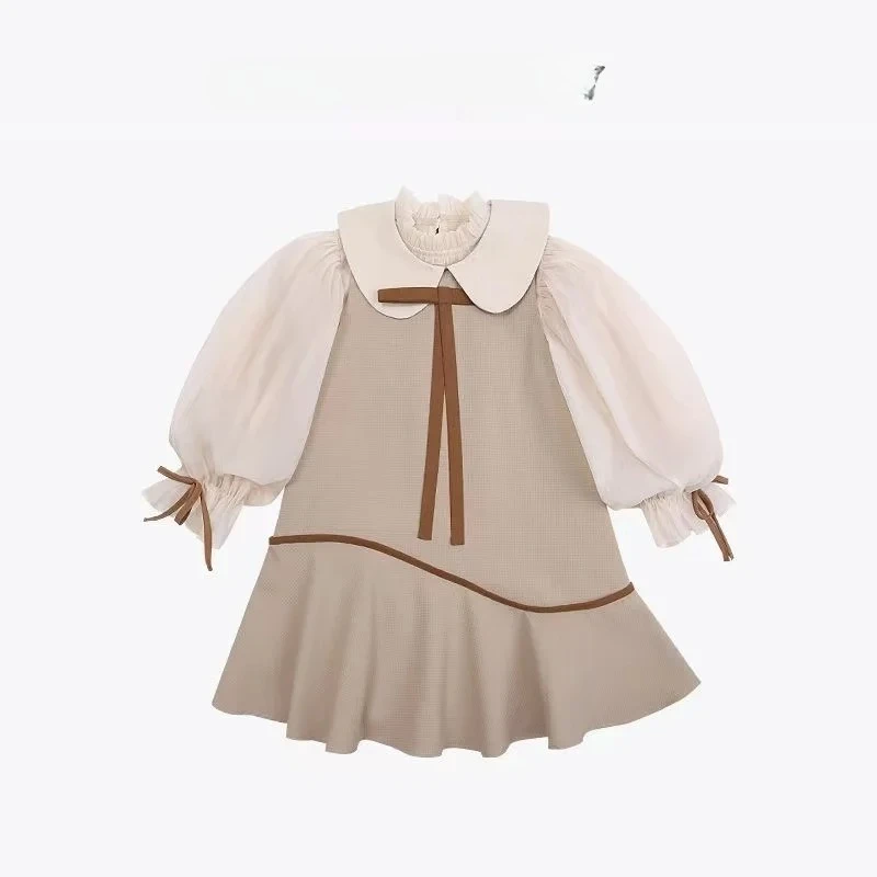 

Платье для девочек. Детское весенне-осеннее свободное платье с длинными рукавами и галстуком-бабочкой в западном стиле.