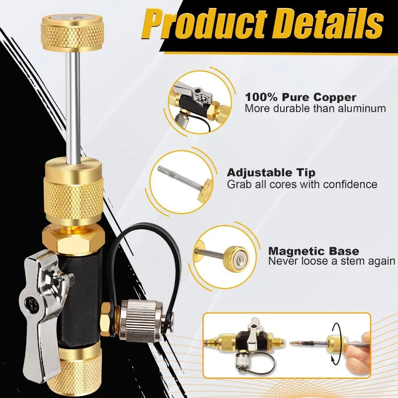 

Brass Vacuum Rated Valve Core Removal Tool with 14 Inch Length and 516 Inch Size Compatible with R410A Systems