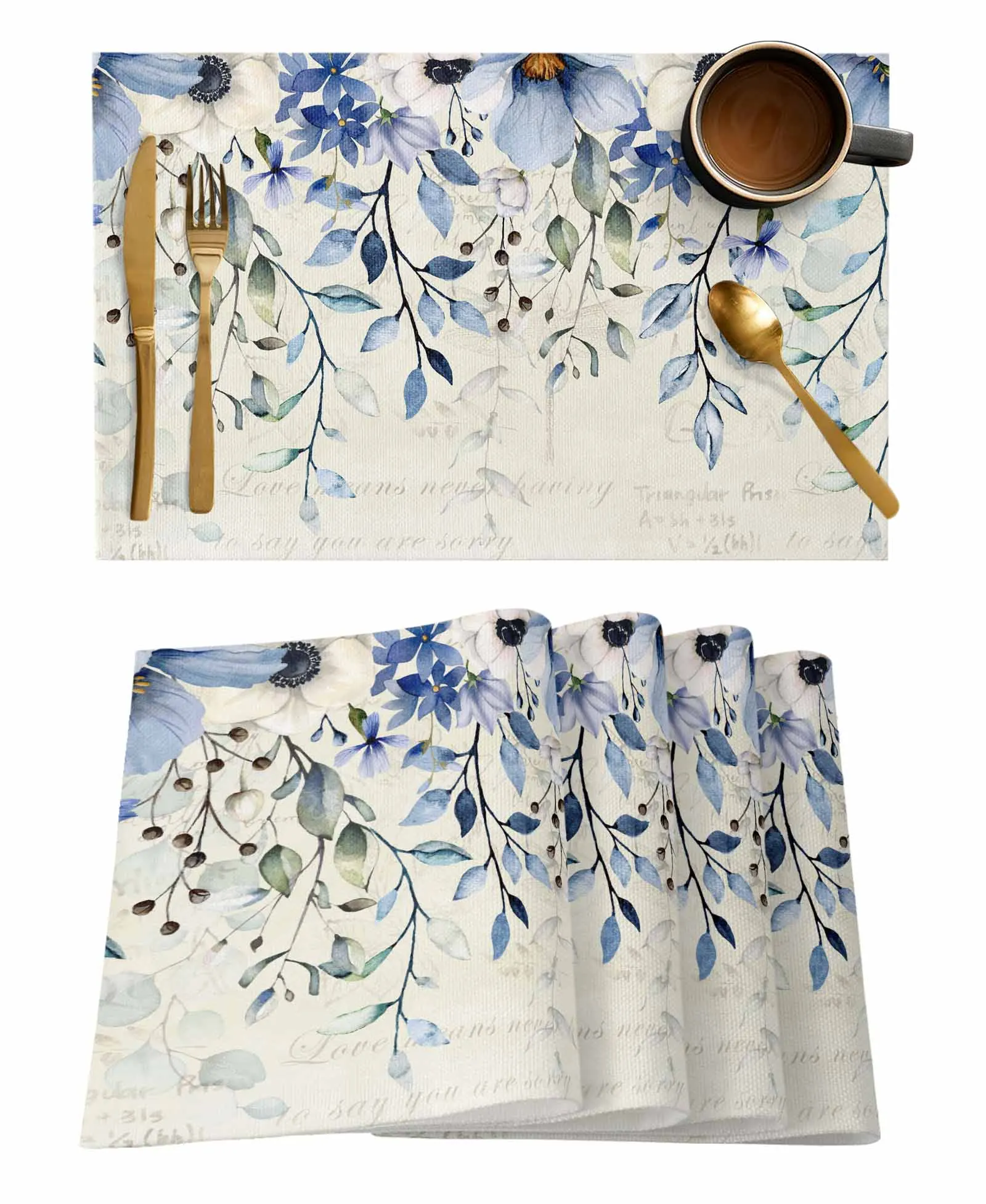 Flower Plant Sage Leaves Table Runners For Dining Room Tablecloth 4/6 Pcs Placemats Table Cover