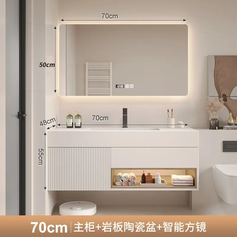 Simple Modern Bathroom Vanity Combo Rock Plate Integrated Bathroom Cabinet Washbasin Smart Light Mirror Cabinet Luxury Furniture