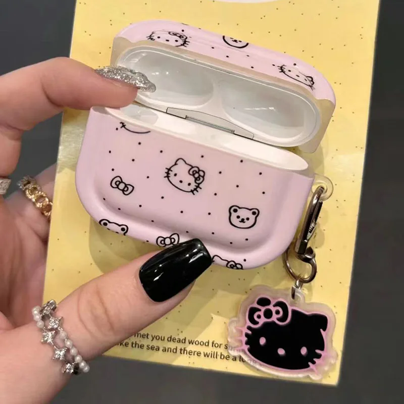 2Pcs Kawaii Sanrio Anime Wave Point Earphone Case and Pendant Cute Hello Kitty Cartoon Y2K Apple Wireless Bluetooth Gifts Girls