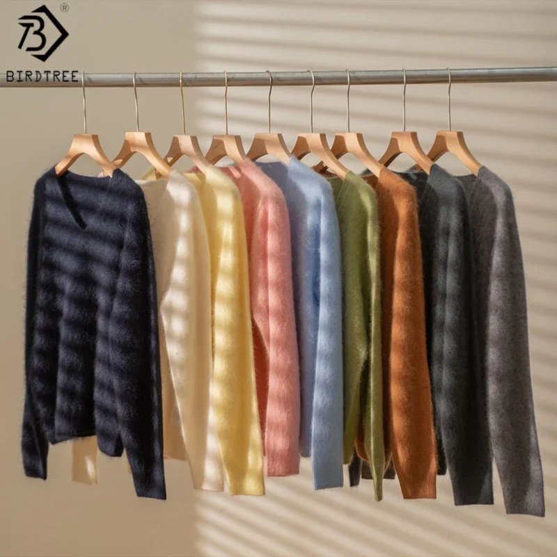 

Birdtree, пушистый вязаный свитер из шерсти и кашемира, женские бесшовные топы с v-образным вырезом и длинными рукавами, осенний теплый пуловер 2023T59911JF