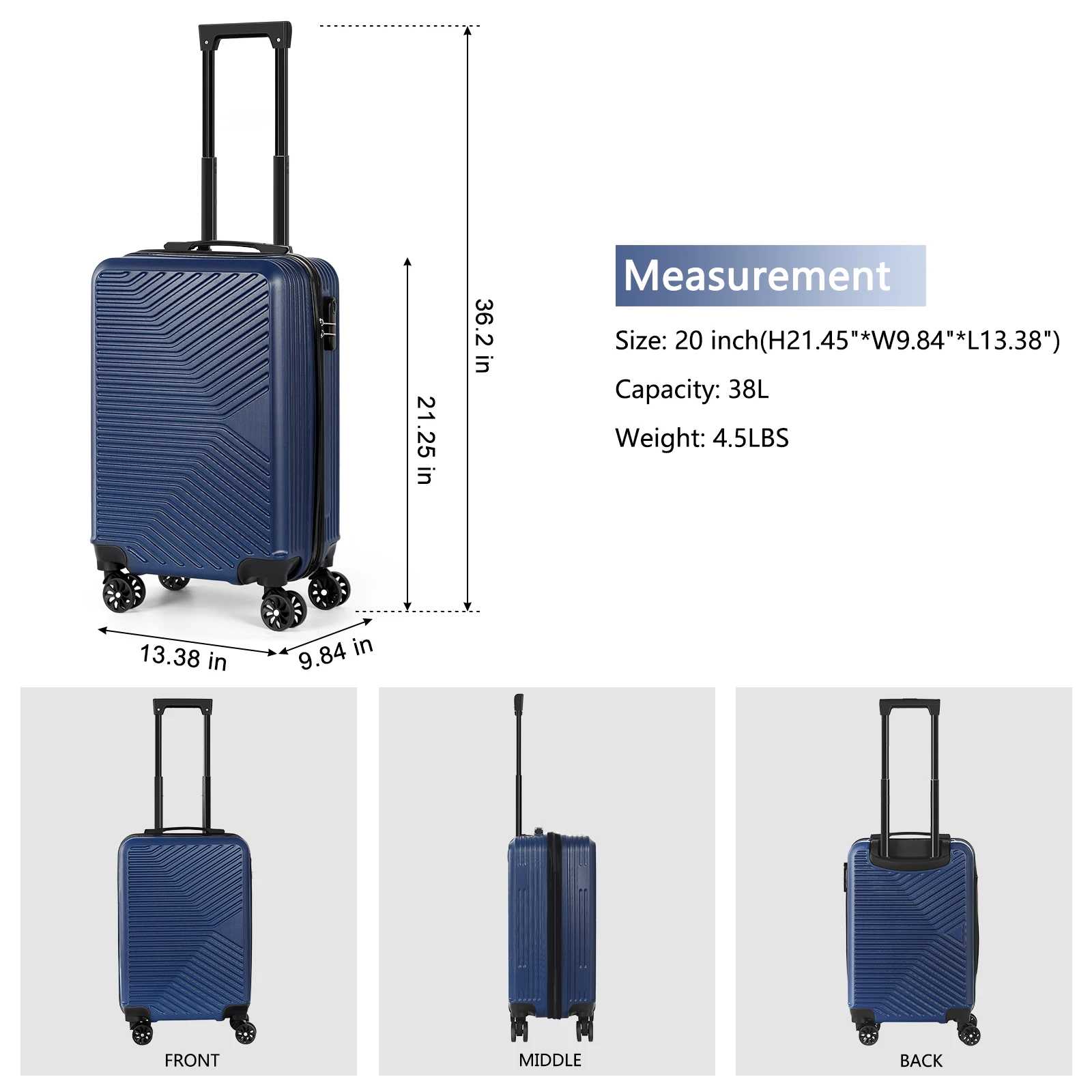 Valise d'embarquement en ABS pour hommes et femmes, valise de voyage d'affaires, voyage en plein air, roue tournante, 20 po