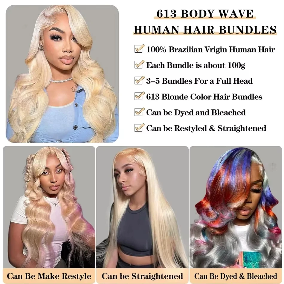 16A Blonde 613 Body Wave Bundles 100% Human Hair 40 Inch Brazilian Virgin Weave Hair 1 3 4 5 Bundles Colored Raw Hair Extensions image 6