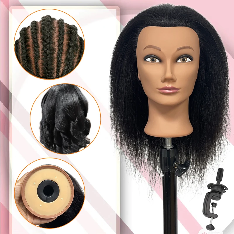 100% Animal Hair African Premium Mannequin Head and Free Fixture Bracket Training Doll Head Hair Styling Hairstylist Training