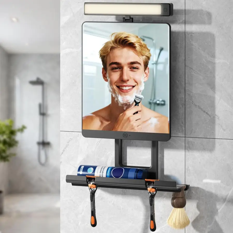 

Heated Fogless Shower Mirror with 3Color Dimmable Lights 3 Modes No Drilling Removable Mount Razor Holder for Bathroom Shaving,